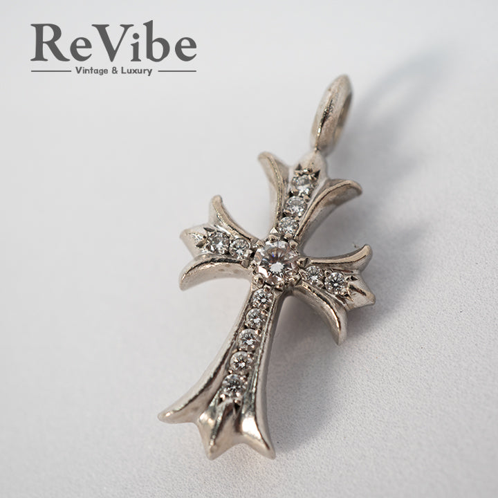 Chrome Hearts 18KWG クロムハーツタイニーファットクロスTNY CRSF P DMND PAVEダイヤ チャーム ホワイトゴールドネックレストップ