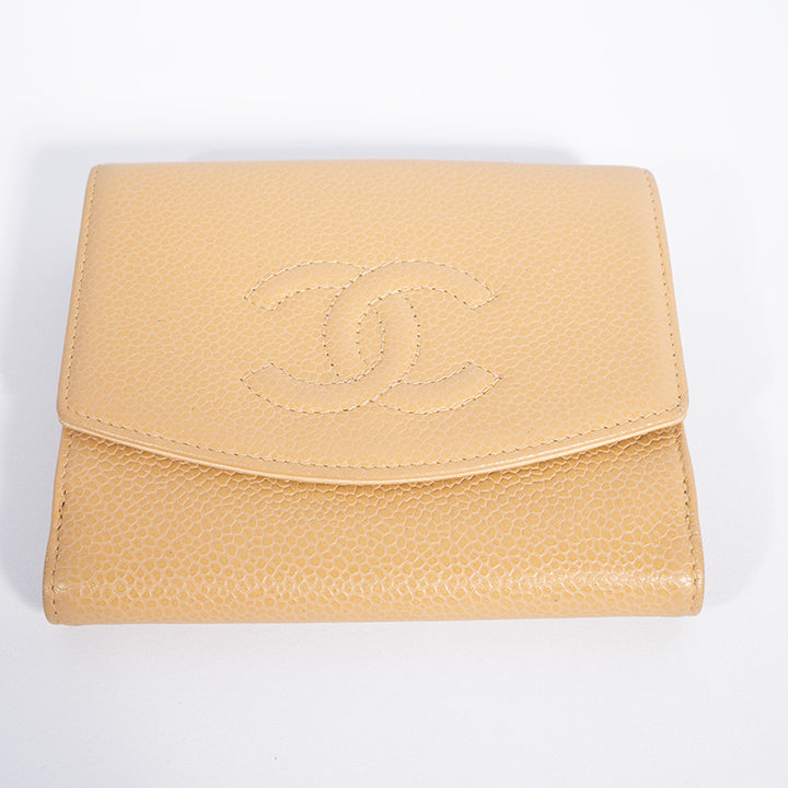 CHANEL シャネル ココマーク Wホック 二つ折り財布 ベージュ キャビアスキン レディース