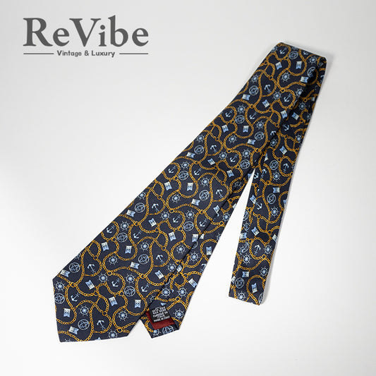 CHANEL シャネル シルクネクタイ マリンモチーフ チェーン総柄 ネイビー メンズ ヴィンテージ