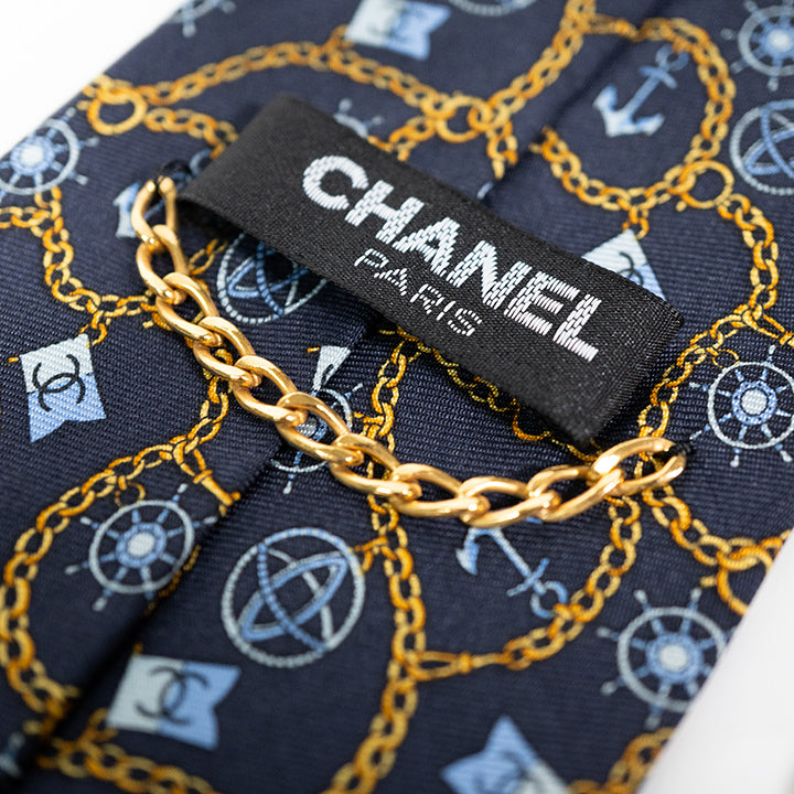 CHANEL シャネル シルクネクタイ マリンモチーフ チェーン総柄 ネイビー メンズ ヴィンテージ