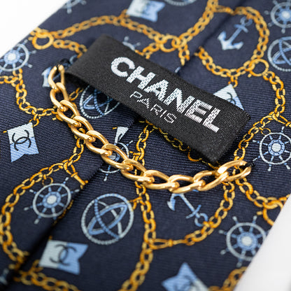 CHANEL シャネル シルクネクタイ マリンモチーフ チェーン総柄 ネイビー メンズ ヴィンテージ