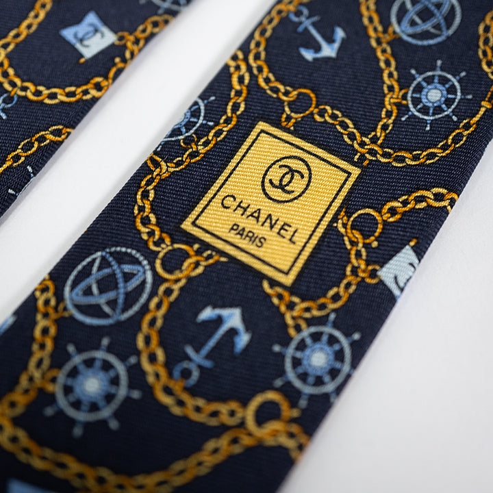 CHANEL シャネル シルクネクタイ マリンモチーフ チェーン総柄 ネイビー メンズ ヴィンテージ