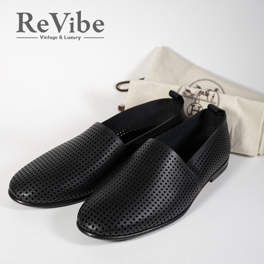 HERMES エルメス エレオス モカシン スリッポン シューズ ブラック  メンズ Sスタンプあり #42 1/2