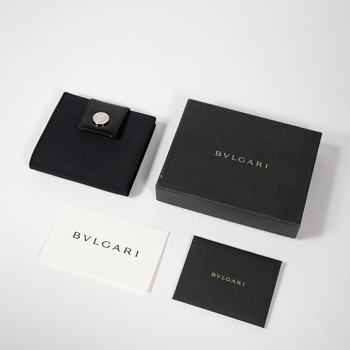 BVLGARI ブルガリクラシコ 二つ折り財布  ロゴボタン キャンバス パテントレザー ブラック